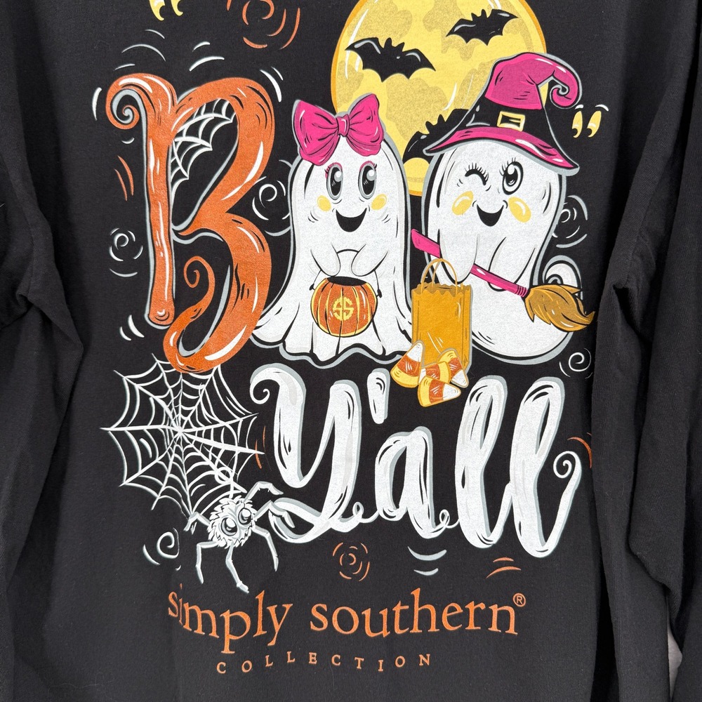 Simply Southern T-Shirt Women Large Black Boo Yall Halloween Ghost Long Sleeve